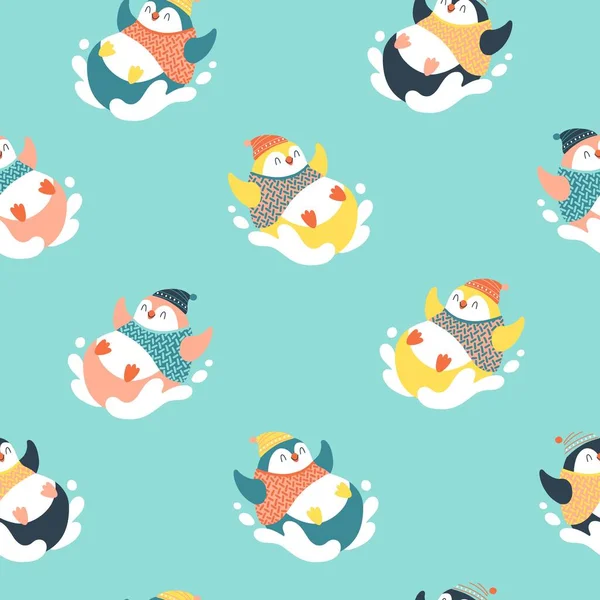Christmas seamless pattern with a cute penguin in a sweater rides from a snowy mountain. Vector doodle illustration in simple childish hand drawn cartoon scandinavian style. The limited palette.