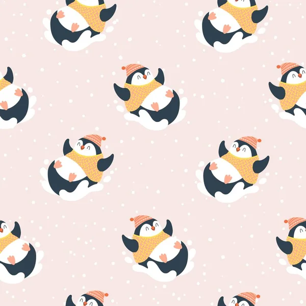 Christmas seamless pattern with a cute penguin in a sweater rides from a snowy mountain. Vector doodle illustration in simple childish hand drawn cartoon scandinavian style. The limited palette.