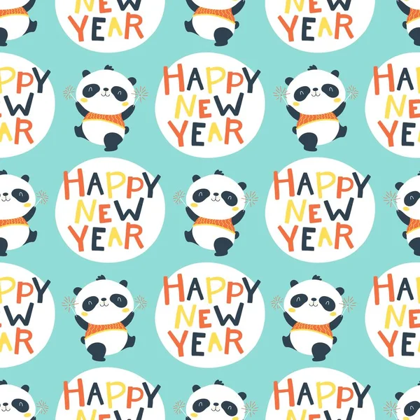 Christmas seamless pattern with cute Chinese panda with sparklers. Happy New Year. Vector doodle illustration in simple childish hand drawn cartoon style. The limited palette is ideal for printing