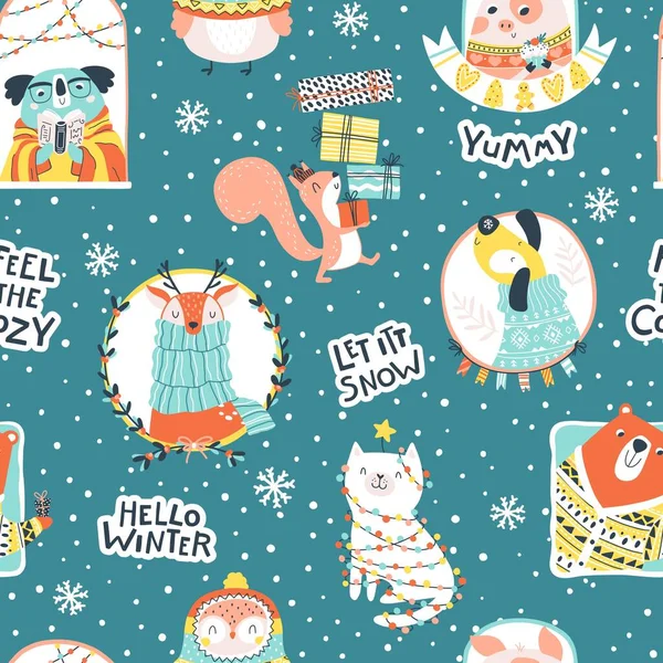 Christmas Seamless Pattern Cute Animals Blue Background Comical Phrases Vector — Vetor de Stock