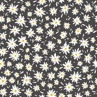 Chamomile floral mille fleur seamless pattern on black background. Small summer flowers in simple scandinavian cartoon doodle style perfect for textile, wallpaper, fabric