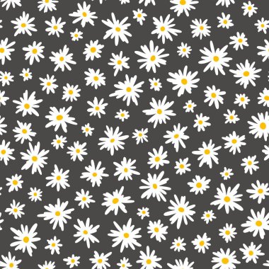 Chamomile floral mille fleur seamless pattern on black background. Small summer flowers in simple scandinavian cartoon doodle style perfect for textile, wallpaper, fabric