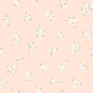 Chamomile floral mille fleur seamless pattern on pink background. Small summer flowers in simple scandinavian cartoon doodle style perfect for textile, wallpaper, fabric