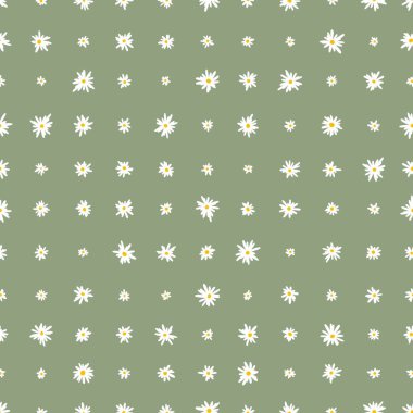 Chamomile floral mille fleur seamless pattern on green background. Small summer flowers in simple scandinavian cartoon doodle style perfect for textile, wallpaper, fabric