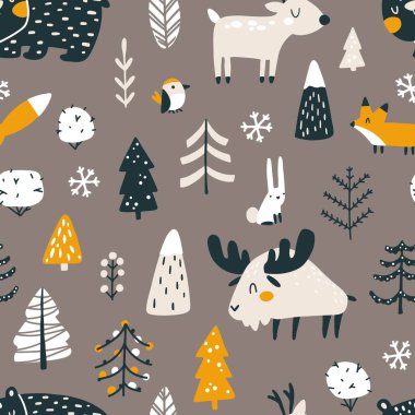 Şirin orman hayvanları ve Noel ağaçlarıyla kışın kusursuz bir desen. Basit İskandinav tarzıyla çizilmiş saf bir el çizimi. Sınırlı toprak paleti tekstil için mükemmeldir.