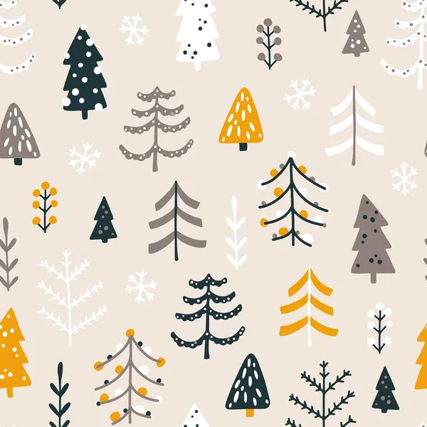 Floresta Sem Costura Padrão Com Diferentes Árvores Natal Vetor Ingênuo — Vetor de Stock