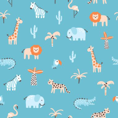 Tropical jungle seamless pattern. Cute wild animals in a simple hand-drawn Scandinavian doodle style. Nursery pastel palette is ideal for printing baby clothes, fabrics. Vector cartoon background
