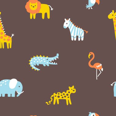 Tropical jungle seamless pattern. Cute wild animals in a simple hand-drawn Scandinavian doodle style. Nursery pastel palette is ideal for printing baby clothes, fabrics. Vector cartoon background