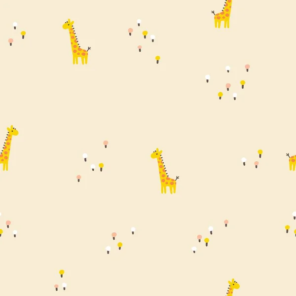 Жираф Безшовно Мінімалістичний Візерунок Квітами Кольорові Персонажі Мультфільмів Бежевому Тлі — стоковий вектор