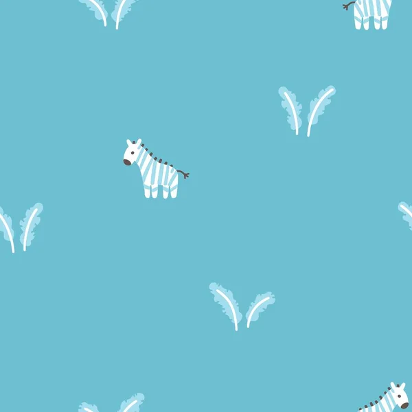 Zebra Naadloos Minimalistisch Patroon Met Bladeren Witte Stripfiguren Een Blauwe — Stockvector