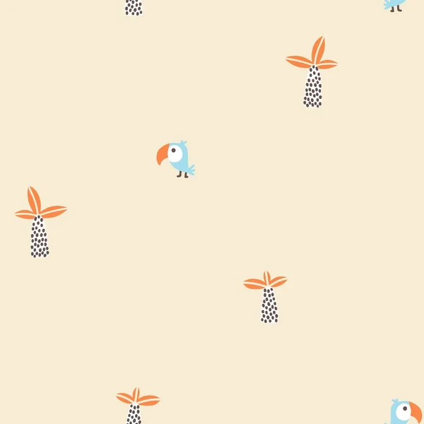 Toucan Naadloos Minimalistisch Patroon Met Palmbomen Leuke Stripfiguren Een Beige — Stockvector