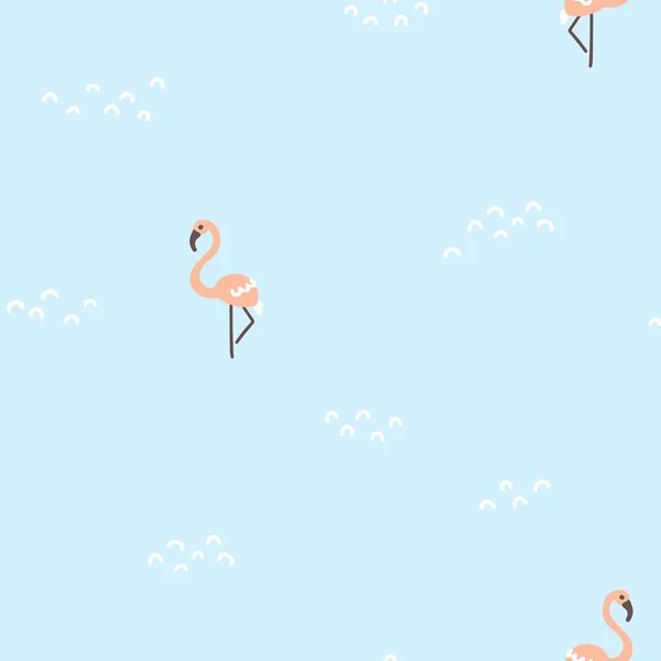 Flamingo Zökkenőmentes Minimalista Minta Pálmafákkal Aranyos Rajzfilmfigurák Kék Háttérrel Skandináv — Stock Vector