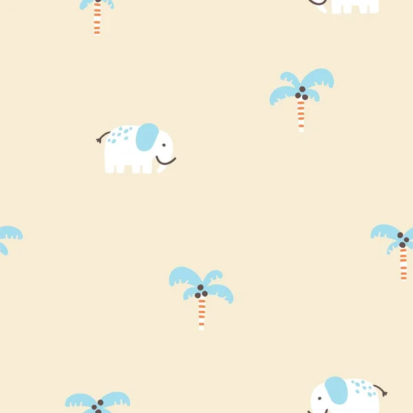 Elephant Seamless Minimalistic Pattern Palm Trees Cute Cartoon Characters Beige — Stock Vector