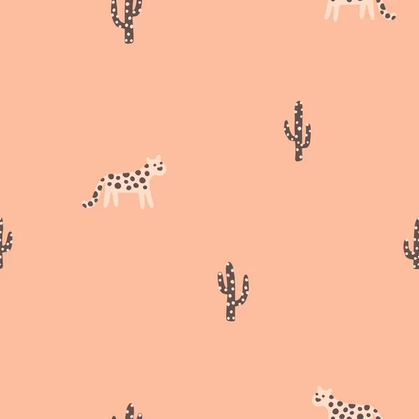 Luipaard Naadloos Minimalistisch Patroon Met Cactussen Leuke Stripfiguren Een Roze — Stockvector