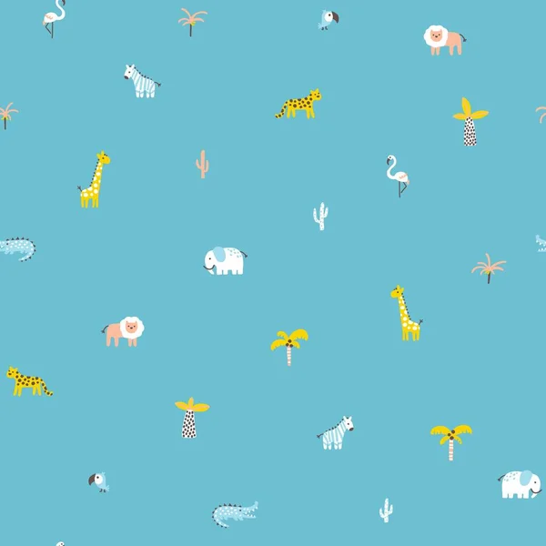 Tropical Jungle Seamless Pattern Cute Wild Animals Simple Hand Drawn — Vetor de Stock