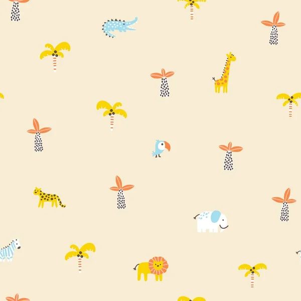Tropical Jungle Seamless Pattern Cute Wild Animals Simple Hand Drawn — Stock Vector