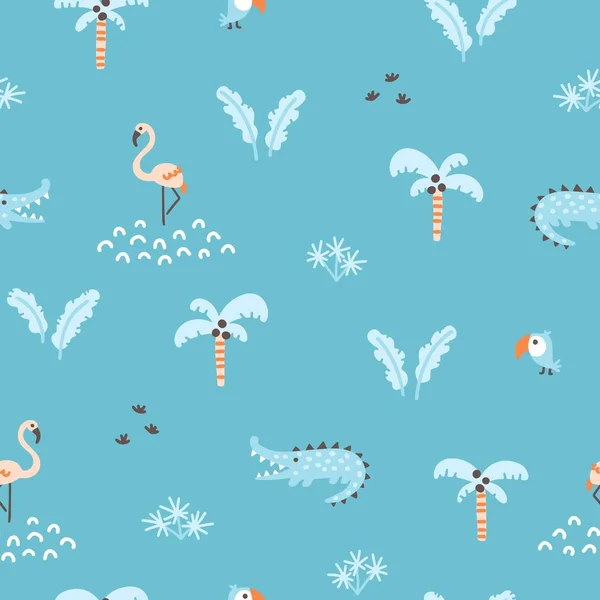 Tropical Jungle Seamless Pattern Cute Wild Animals Simple Hand Drawn - Stok Vektor