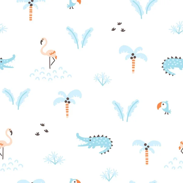 Tropical Jungle Seamless Pattern Cute Wild Animals Simple Hand Drawn — Archivo Imágenes Vectoriales