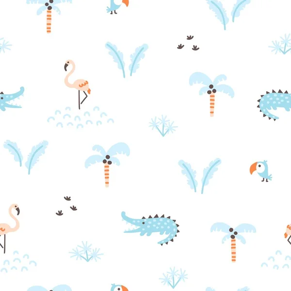 Tropical Jungle Seamless Pattern Cute Wild Animals Simple Hand Drawn —  Vetores de Stock