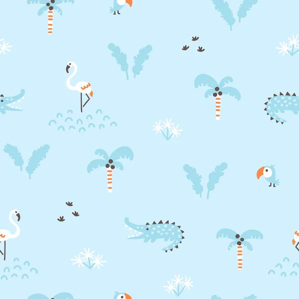 Tropical Jungle Seamless Pattern Cute Wild Animals Simple Hand Drawn — Vector de stock