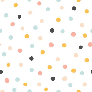 Polka noktasız desen. Tatlı Konfeti. Soyut olarak düzenlenmiş el çizimi daireler. Pastel renklerde minimalist İskandinav tarzı. Bebek kıyafetleri, tekstil, kumaş, ambalaj kağıdı basmak için ideal.