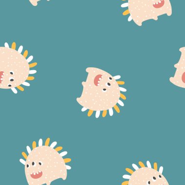 Dinozor deseni kusursuz. Kükre. Puantiyeli komik canavar. Basit İskandinav tarzı çizilmiş şirin bir çizgi film karakteri. Çocuksu karalama çizimi. Bebek tekstil, kumaş, dijital kağıt