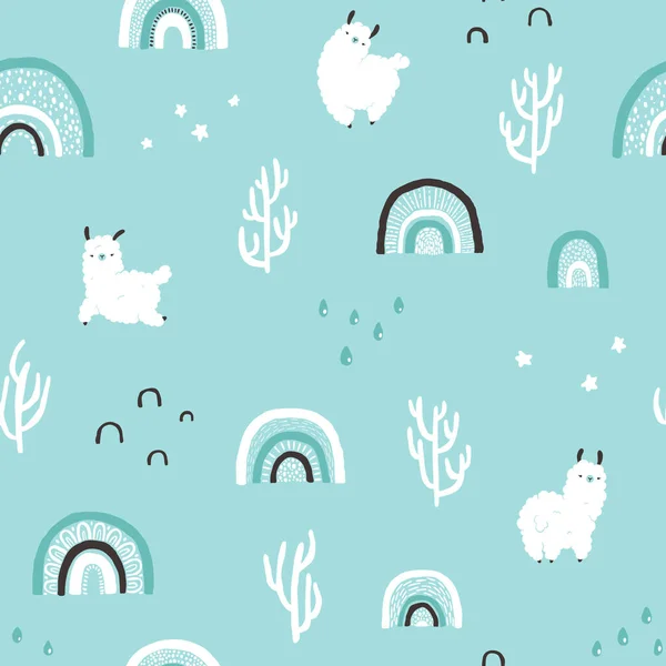 Llamas Con Arco Iris Cactus Patrón Sin Costuras Personaje Blanco — Vector de stock