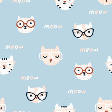 Kusursuz bir desen. Gözlüklü sevimli kedicikler. Elle çizilmiş saf İskandinav tarzında çocuk odası karakterleri. Pastel palet. Mavi arka plan. Bebek kumaşları, tekstil ve tişörtler için..