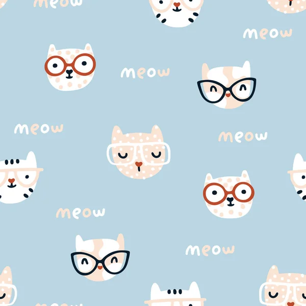Cat Seamless Pattern Cute Kittens Glasses Nursery Characters Simple Hand — Stock Vector