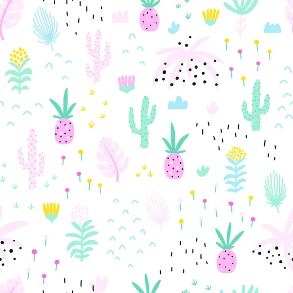 Patrón Tropical Sin Costuras Con Piña Cactus Flores Fondo Vectorial — Archivo Imágenes Vectoriales
