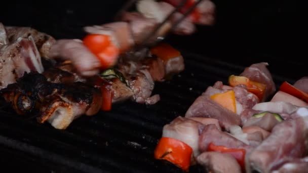 Espetos de carne no churrasco — Vídeo de Stock