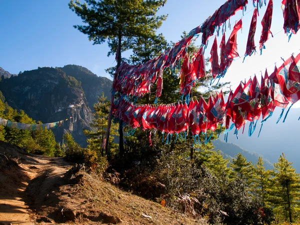 Vista del monasterio Taktshang en Paro con banderas de oración — Foto de Stock