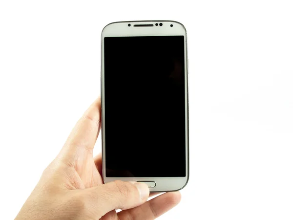 Hand hält ein modernes weißes Smartphone — Stockfoto