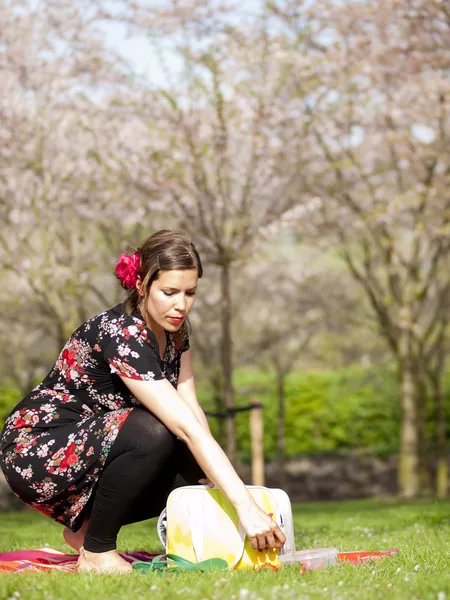 Mooi meisje met een picknick in het voorjaar — Stockfoto