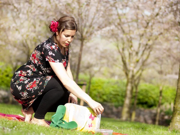 Mooi meisje met een picknick in het voorjaar — Stockfoto