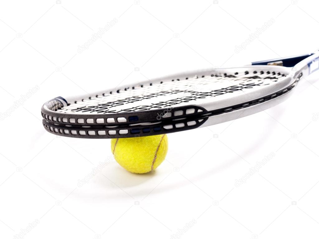 Yellow tennis ball and racket isolated on a white background