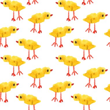 Suluboya, tavuklu, pürüzsüz desen. Paketleme ve kumaş için beyaz bir arkaplanda resim. Sonsuz tarım geçmişi. Bir evcil hayvan çizimi.