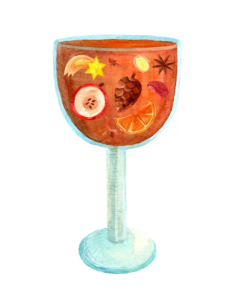 白色の背景に分離された水彩ガラス色のゴブレット 華やかなイラストのためにガラスの中にフルーツを入れたオレンジドリンク フェスティバル モルドワイン — ストック写真