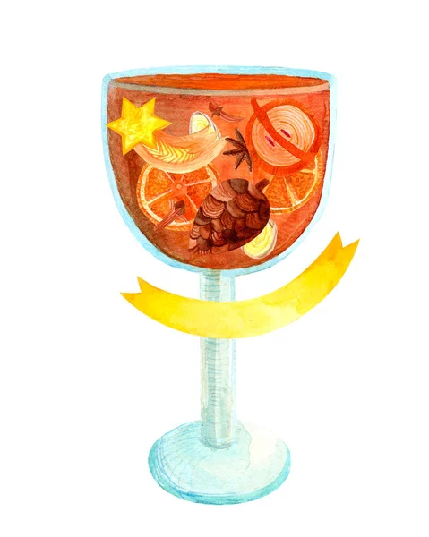 白色の背景に分離された水彩ガラス色のゴブレット オレンジドリンクとフルーツとガラスの中で厳粛なイラスト テキスト付きの場所のためのリボンとお祭りのマルチワイン — ストック写真