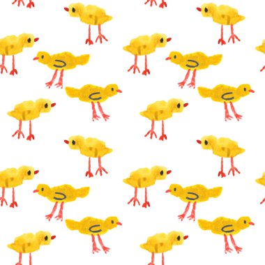 Tavuklarla suluboya kusursuz desen. Paketleme ve kumaş için beyaz bir arkaplanda resim. Sonsuz tarım geçmişi. Bir evcil hayvan çizimi.