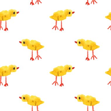 Suluboya, tavuklu, pürüzsüz desen. Paketleme ve kumaş için beyaz bir arkaplanda resim. Sonsuz tarım geçmişi. Bir evcil hayvan çizimi.
