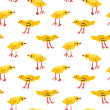 Tavuklarla suluboya kusursuz desen. Paketleme ve kumaş için beyaz bir arkaplanda resim. Sonsuz tarım geçmişi. Bir evcil hayvan çizimi.