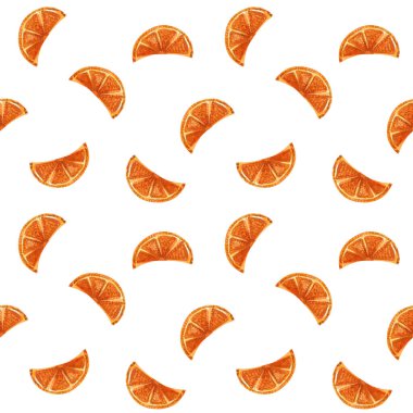 Portakal dilimli suluboya, pürüzsüz desen. Paketleme ve kumaş için beyaz bir arkaplanda resim. Bitmek bilmeyen vejetaryen geçmişi