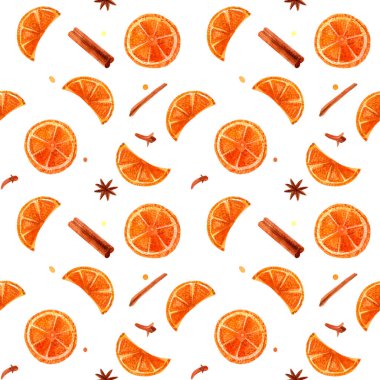 Portakal dilimleri ve baharatlarla suluboya kusursuz desen. Paketleme ve kumaş için beyaz bir arkaplanda resim. Bitmek bilmeyen vejetaryen geçmişi. Sıcak şarap seti.