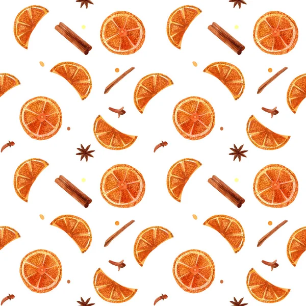 Portakal Dilimleri Baharatlarla Suluboya Kusursuz Desen Paketleme Kumaş Için Beyaz — Stok fotoğraf