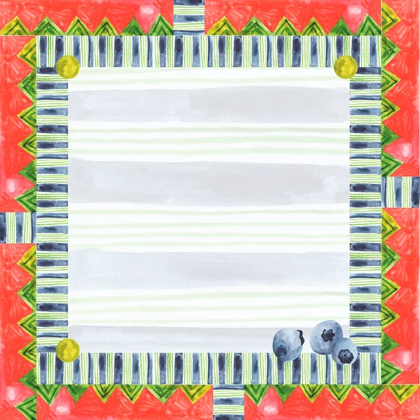 Watercolor Square Frame Blueberries Striped Transparent Background Decorative Ethnic Motives — Foto Stock