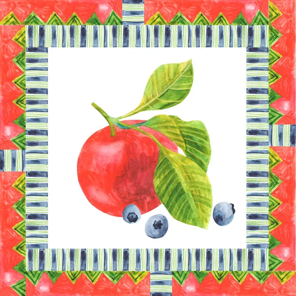 Watercolor Square Frame Blueberries Apple Decorative Ethnic Motives Isolated White — Stok fotoğraf