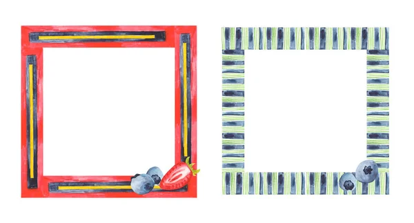 Set Watercolor Square Frames Decorative Striped Elements Blueberries Strawberries White — Foto Stock