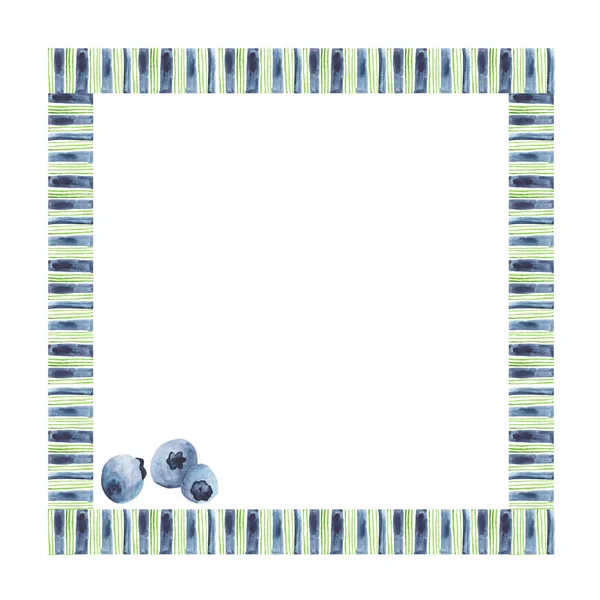 Watercolor Colored Square Frame Striped Transparent Background Blueberries Decorative Ethnic — Foto Stock