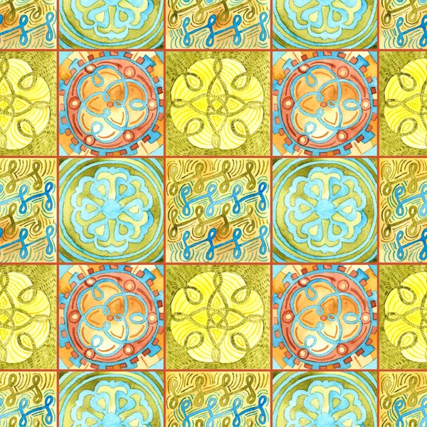 Padrão Sem Costura Aquarela Azulejos Coloridos Ilustração Mosaico Quadrado Para Imagem De Stock